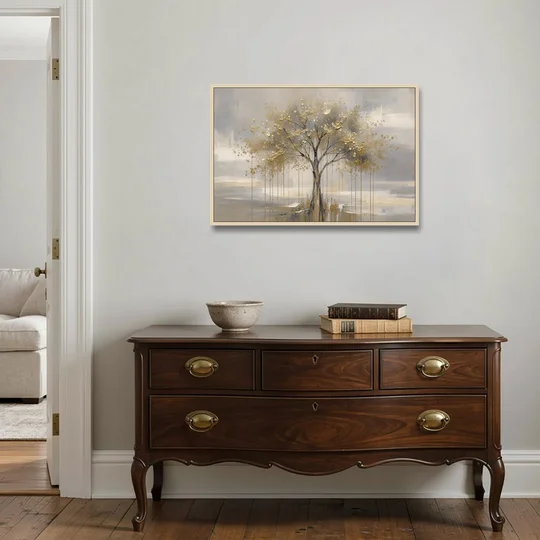 Abstract Tree Painting in Gold Leaf and Cream - Oak Framed Canvas Wall Art - Coffee Table - 36x24