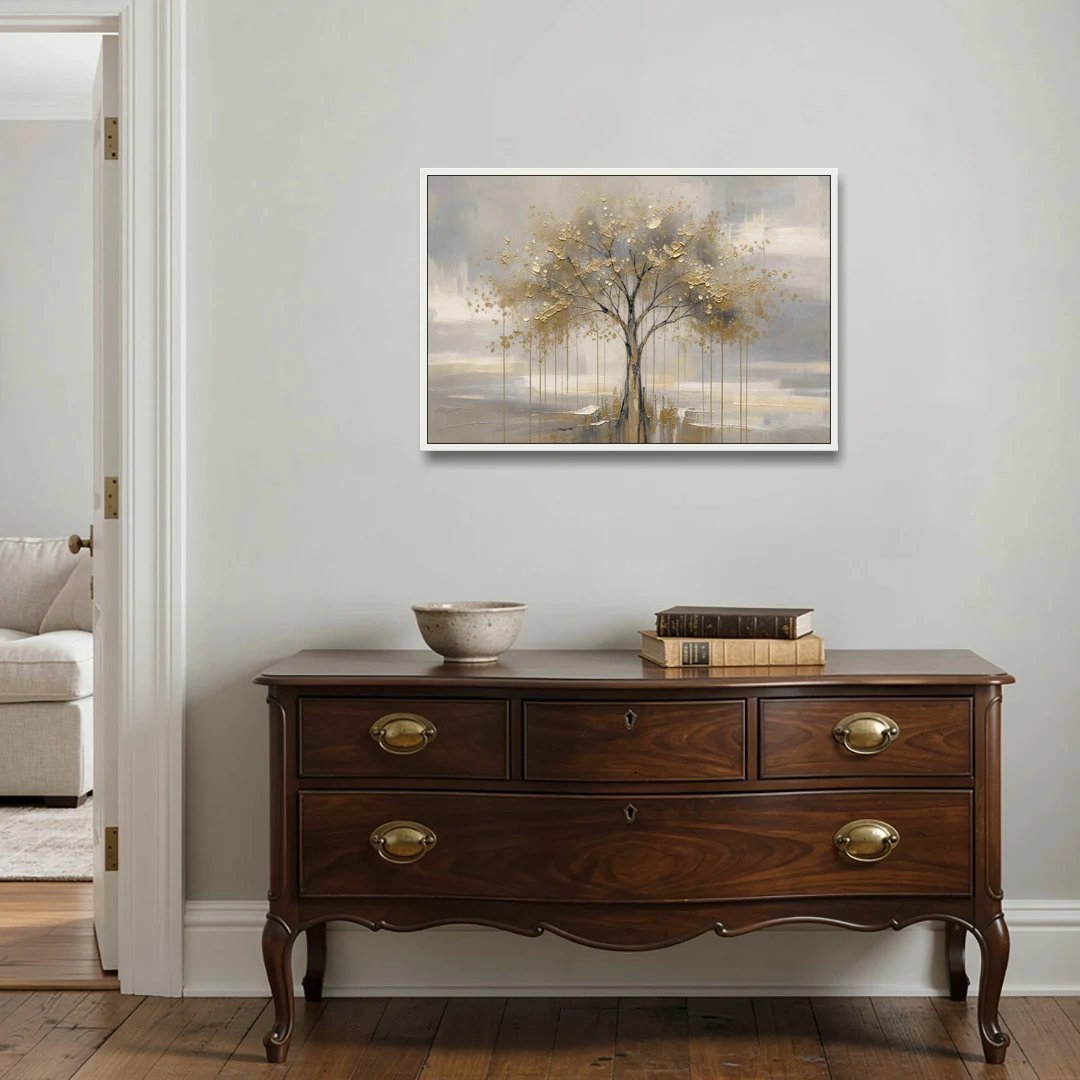 Abstract Tree Painting in Gold Leaf and Cream - White Framed Canvas Wall Art - Coffee Table - 36x24