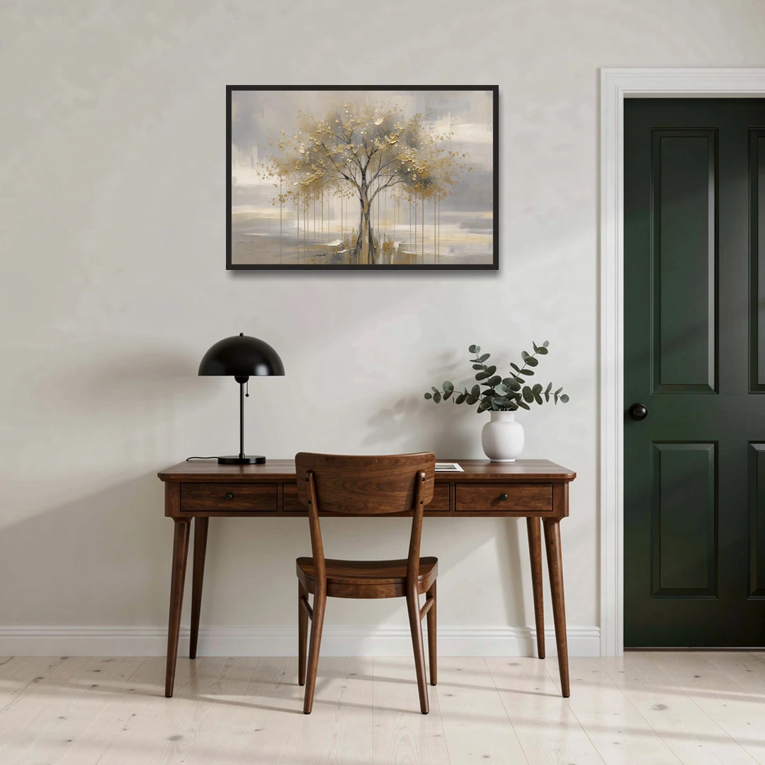 Abstract Tree Painting in Gold Leaf and Cream - Black Framed Canvas Wall Art - Office - 36x24