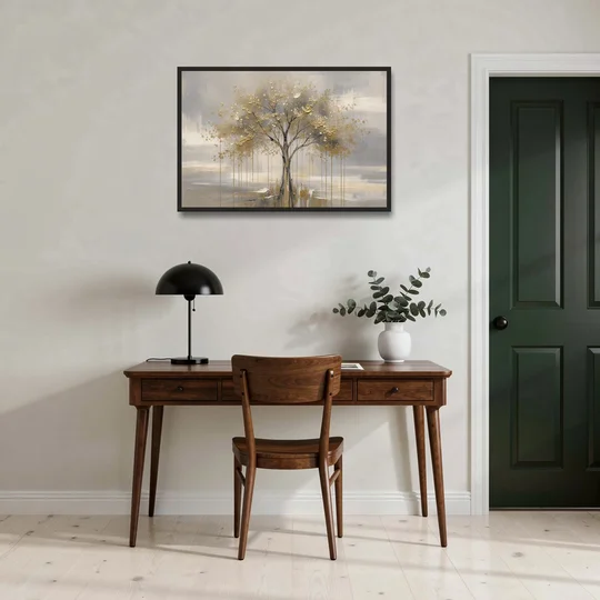 Abstract Tree Painting in Gold Leaf and Cream - Black Framed Canvas Wall Art - Office - 36x24