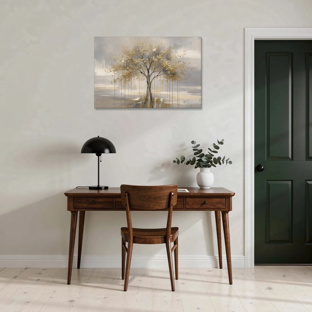 Abstract Tree Painting in Gold Leaf and Cream - Canvas Wall Art - Office - 36x24