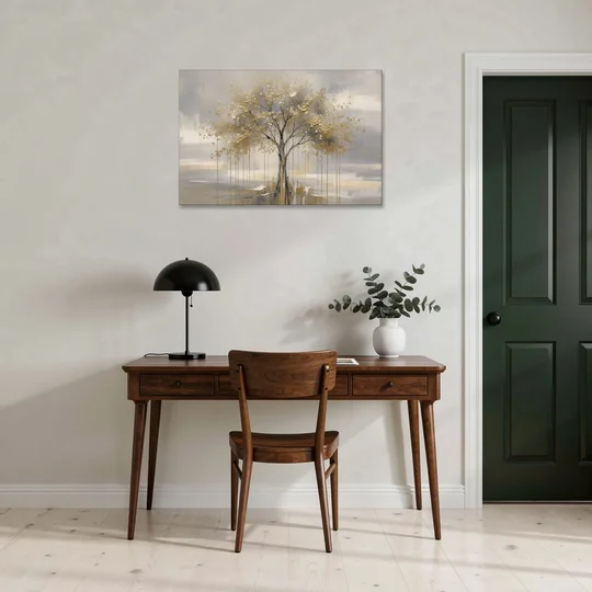 Abstract Tree Painting in Gold Leaf and Cream - Canvas Wall Art - Office - 36x24