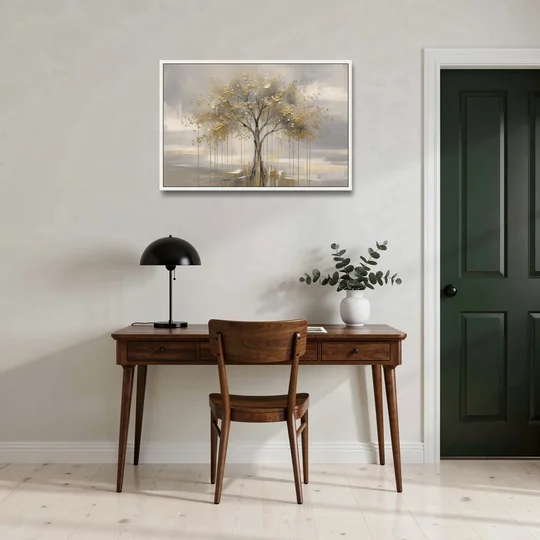 Abstract Tree Painting in Gold Leaf and Cream - White Framed Canvas Wall Art - Office - 36x24