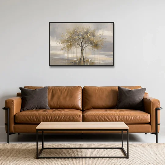 Abstract Tree Painting in Gold Leaf and Cream - Black Framed Canvas Wall Art - Sofa - 36x24