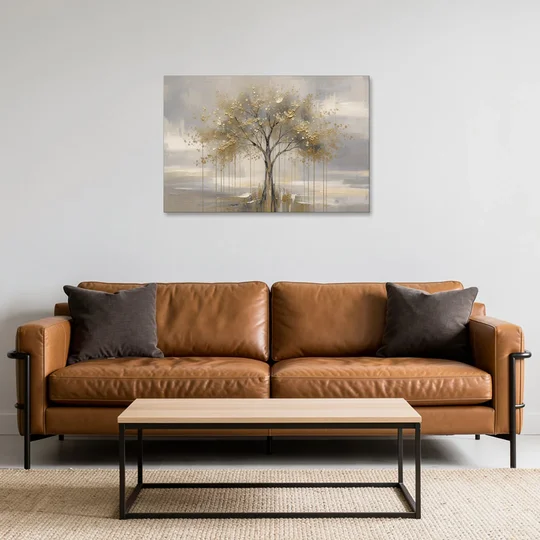 Abstract Tree Painting in Gold Leaf and Cream - Canvas Wall Art - Sofa - 36x24