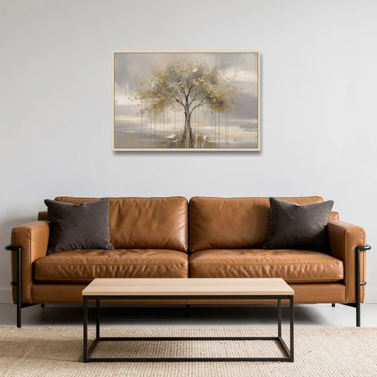 Abstract Tree Painting in Gold Leaf and Cream - Oak Framed Canvas Wall Art - Sofa - 36x24