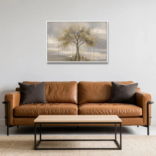 Abstract Tree Painting in Gold Leaf and Cream - White Framed Canvas Wall Art - Sofa - 36x24