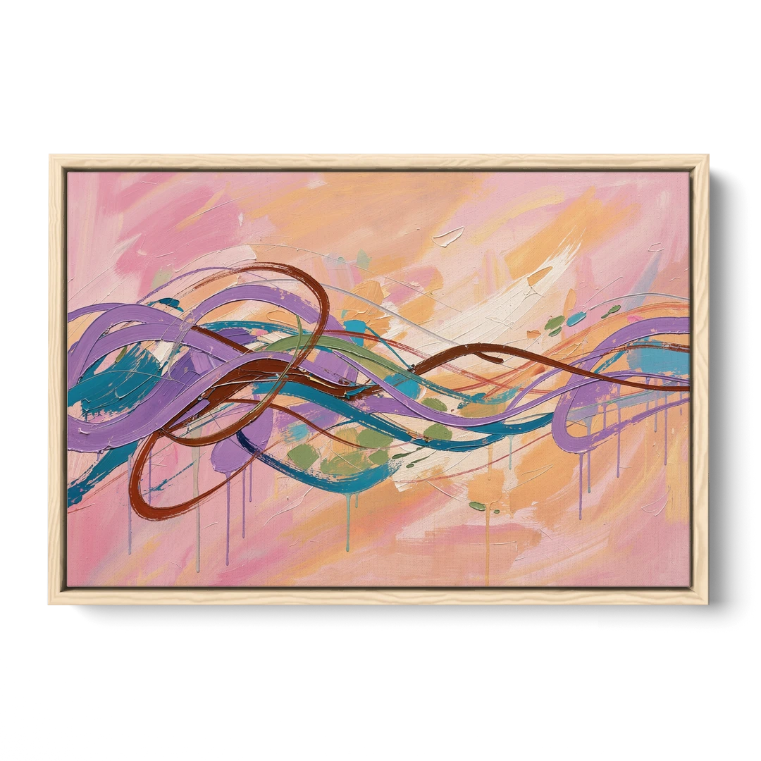 Abstract Wall Art for Bedroom Lavender Ribbon Loops - Oak Framed Canvas Wall Art - Front