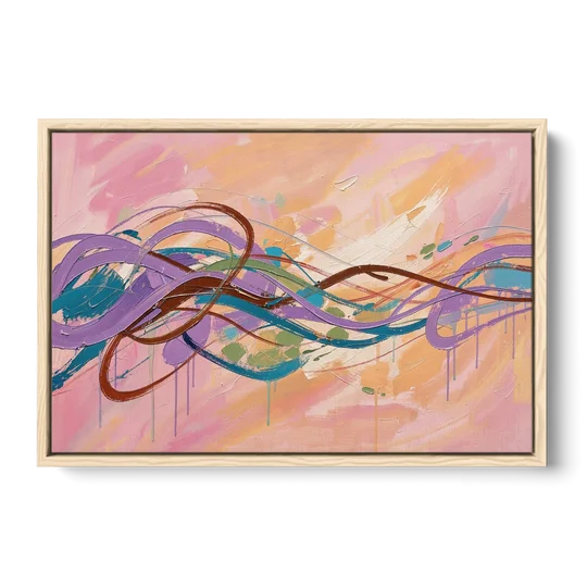 Abstract Wall Art for Bedroom Lavender Ribbon Loops - Oak Framed Canvas Wall Art - Front