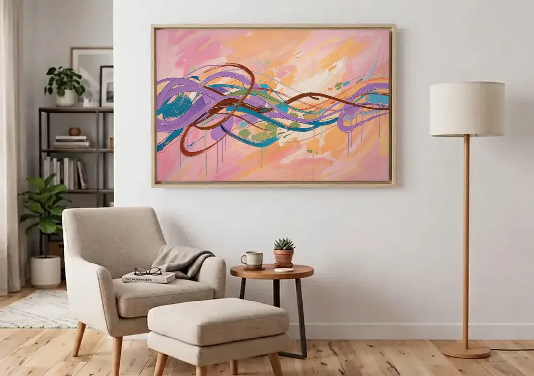 Abstract Wall Art for Bedroom Lavender Ribbon Loops canvas wall art above an armchair in a bright living room