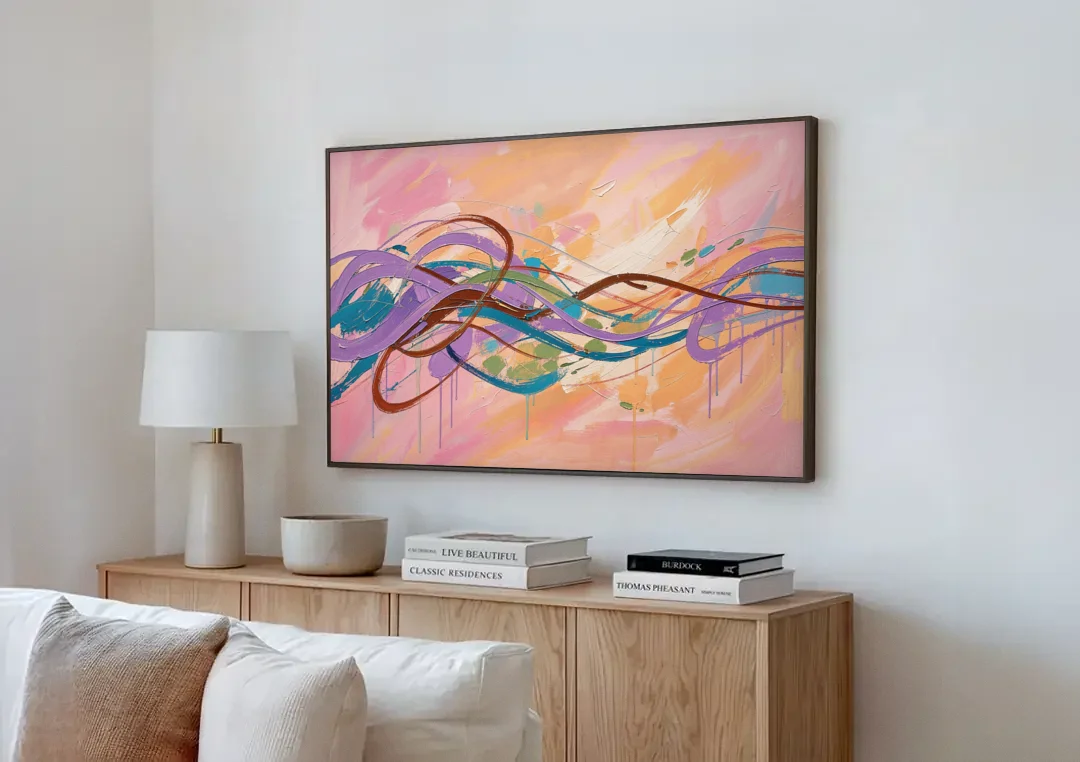 Abstract Wall Art for Bedroom Lavender Ribbon Loops canvas wall art above a wooden sideboard next to a sofa