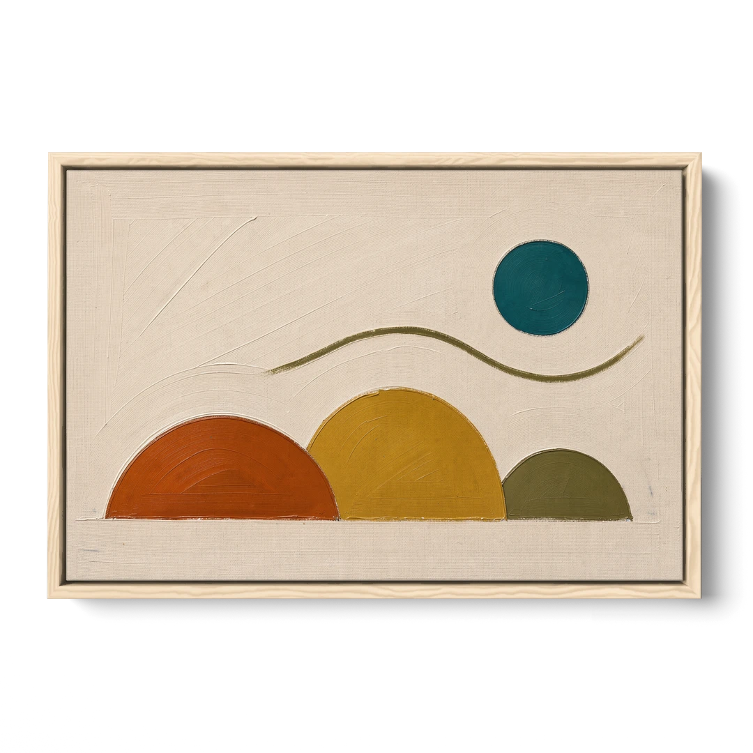 Abstract Wall Art for Living Room with Teal Sun - Oak Framed Canvas Wall Art - Front