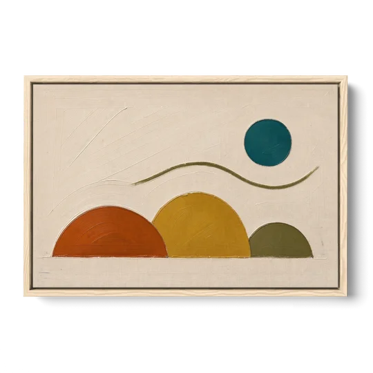 Abstract Wall Art for Living Room with Teal Sun - Oak Framed Canvas Wall Art - Front