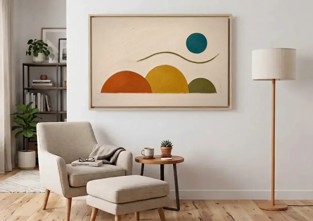Abstract Wall Art for Living Room with Teal Sun canvas wall art above an armchair in a bright living room