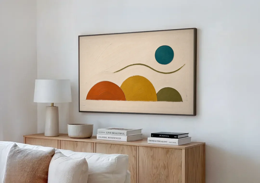 Abstract Wall Art for Living Room with Teal Sun canvas wall art above a wooden sideboard next to a sofa