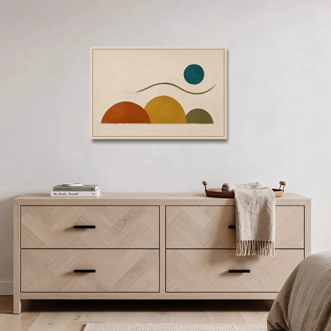 Abstract Wall Art for Living Room with Teal Sun - Oak Framed Canvas Wall Art - Coffee Table - 36x24
