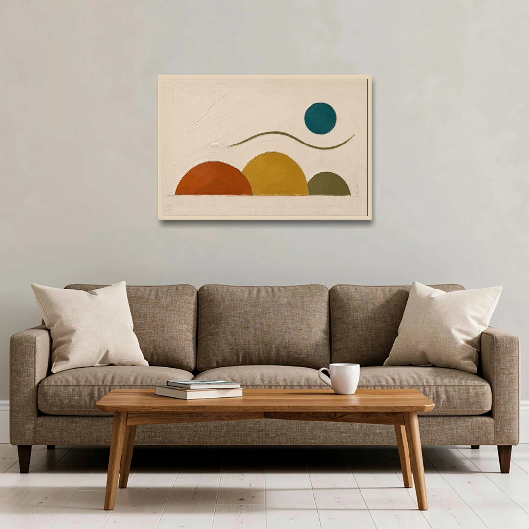 Abstract Wall Art for Living Room with Teal Sun - Oak Framed Canvas Wall Art - Sofa - 36x24