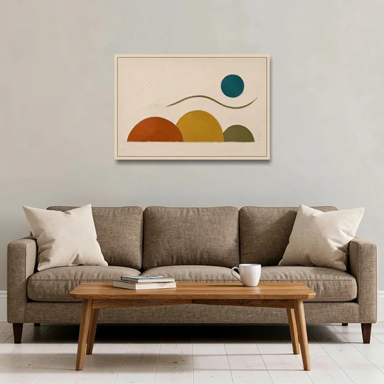 Abstract Wall Art for Living Room with Teal Sun - Oak Framed Canvas Wall Art - Sofa - 36x24