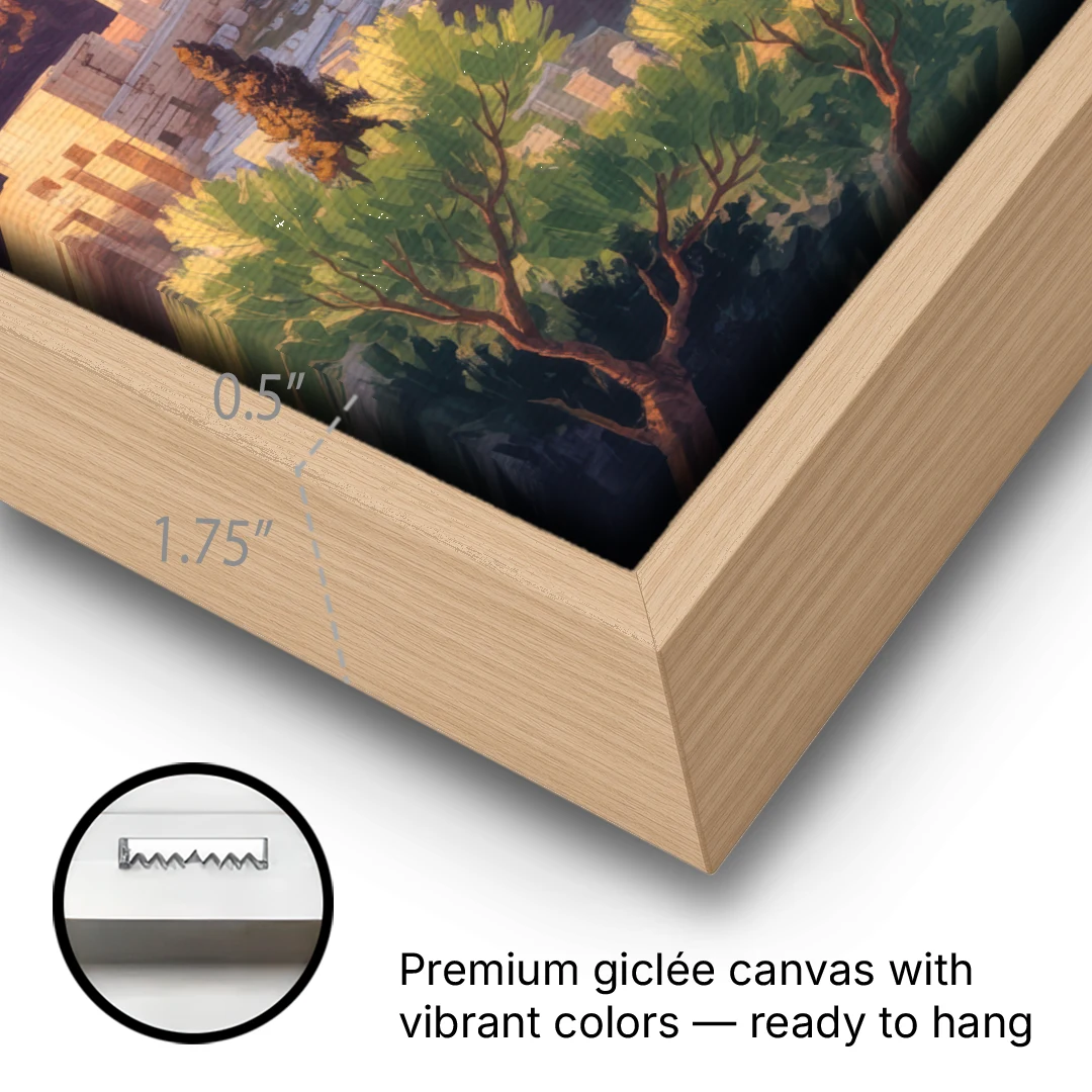 Acropolis Sunrise - Oak Framed Canvas Wall Art - Gallery Wrap Corner
