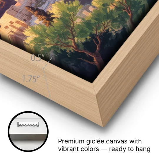 Acropolis Sunrise - Oak Framed Canvas Wall Art - Gallery Wrap Corner