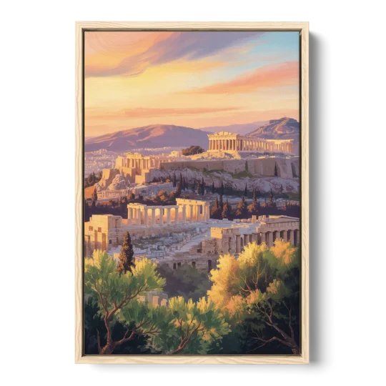 Acropolis Sunrise - Oak Framed Canvas Wall Art - Front