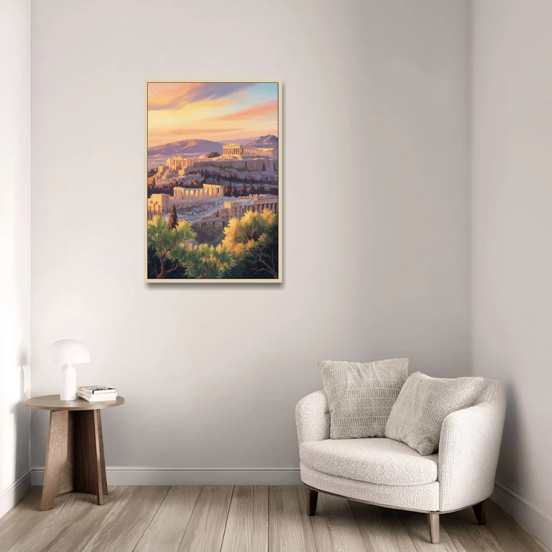 Acropolis Sunrise - Oak Framed Canvas Wall Art - Sofa - 24x36