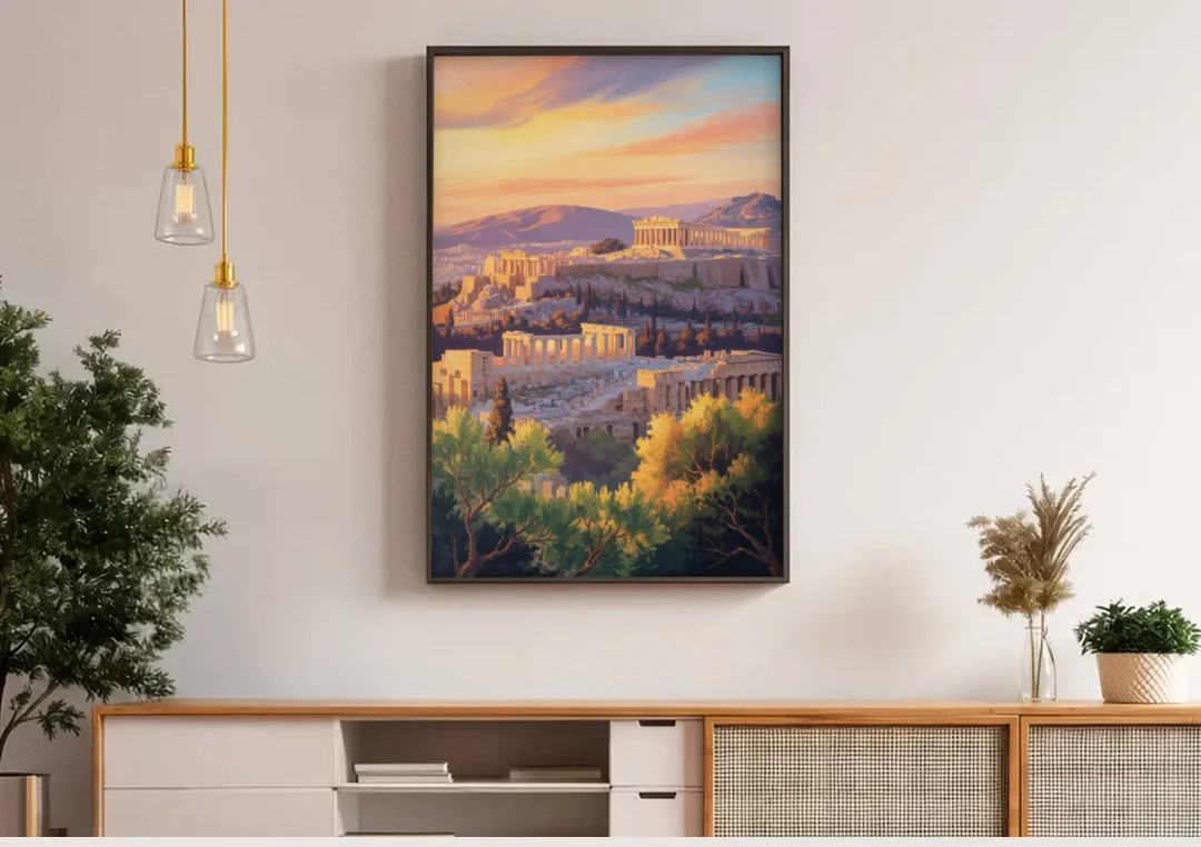 Acropolis Sunrise canvas wall art above a wooden sideboard under pendant lights