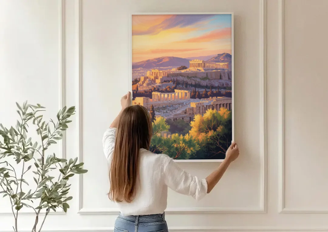Acropolis Sunrise canvas wall art being hung on a paneled wall