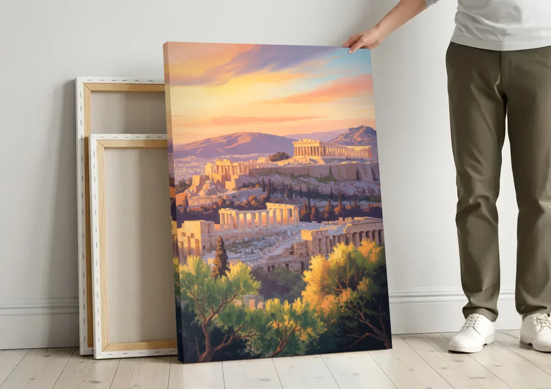 Acropolis Sunrise canvas wall art leaning against a wall next to blank canvases