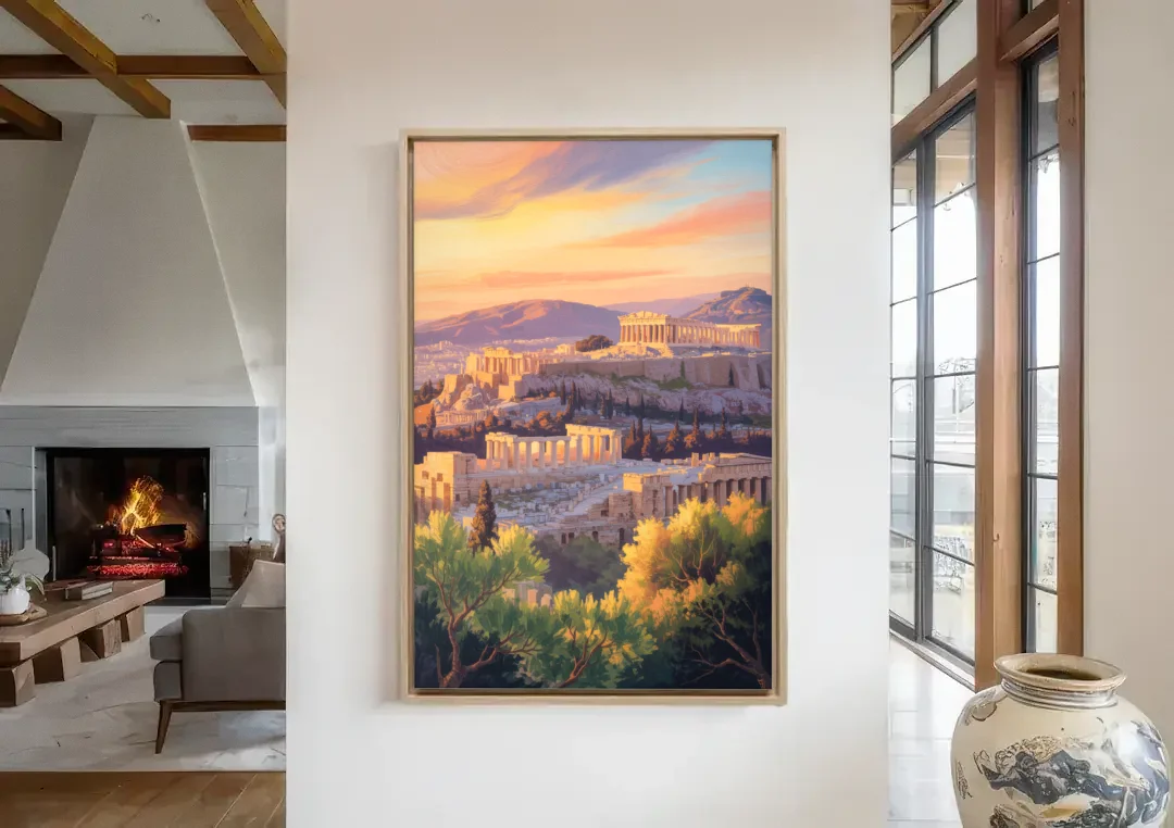 Acropolis Sunrise canvas wall art in a living room with a fireplace