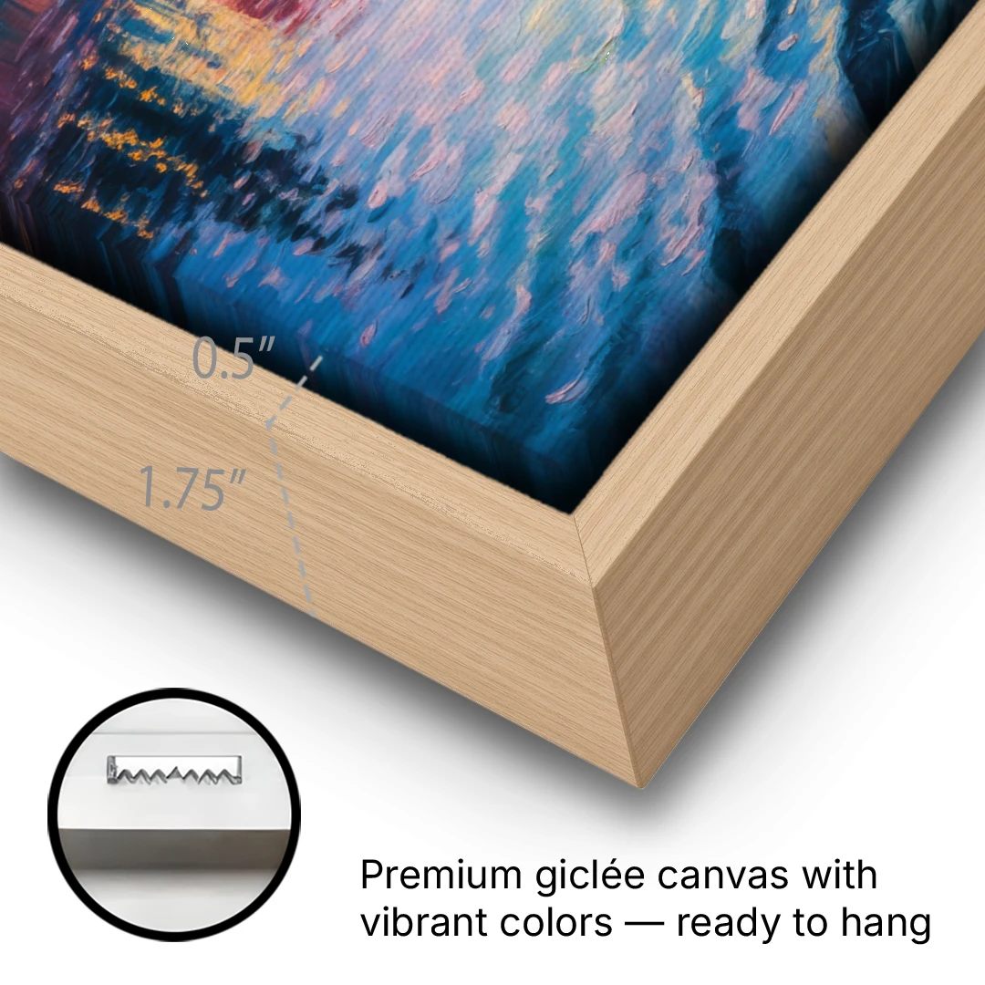 Adige River Reflections - Oak Framed Canvas Wall Art - Gallery Wrap Corner