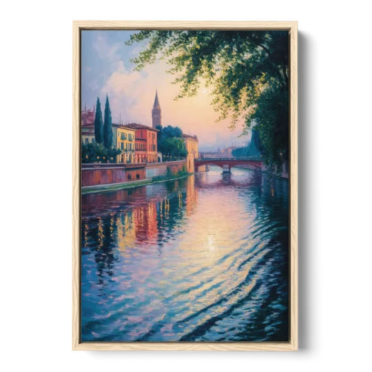 Adige River Reflections - Oak Framed Canvas Wall Art - Front