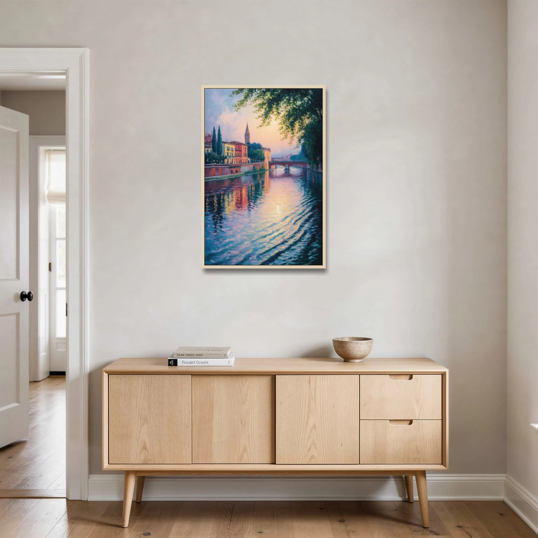 Adige River Reflections - Oak Framed Canvas Wall Art - Coffee Table - 24x36
