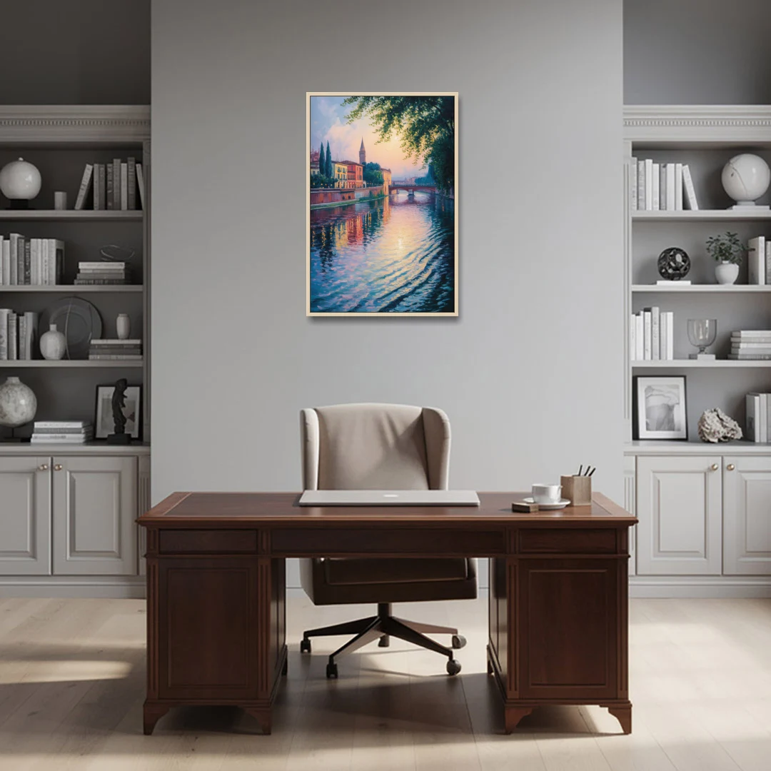 Adige River Reflections - Oak Framed Canvas Wall Art - Office - 24x36