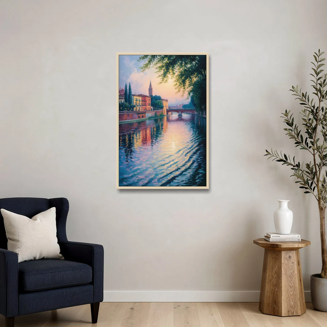 Adige River Reflections - Oak Framed Canvas Wall Art - Sofa - 24x36