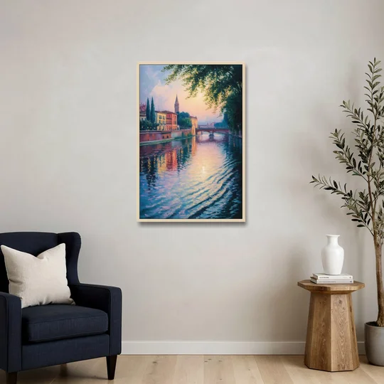 Adige River Reflections - Oak Framed Canvas Wall Art - Sofa - 24x36