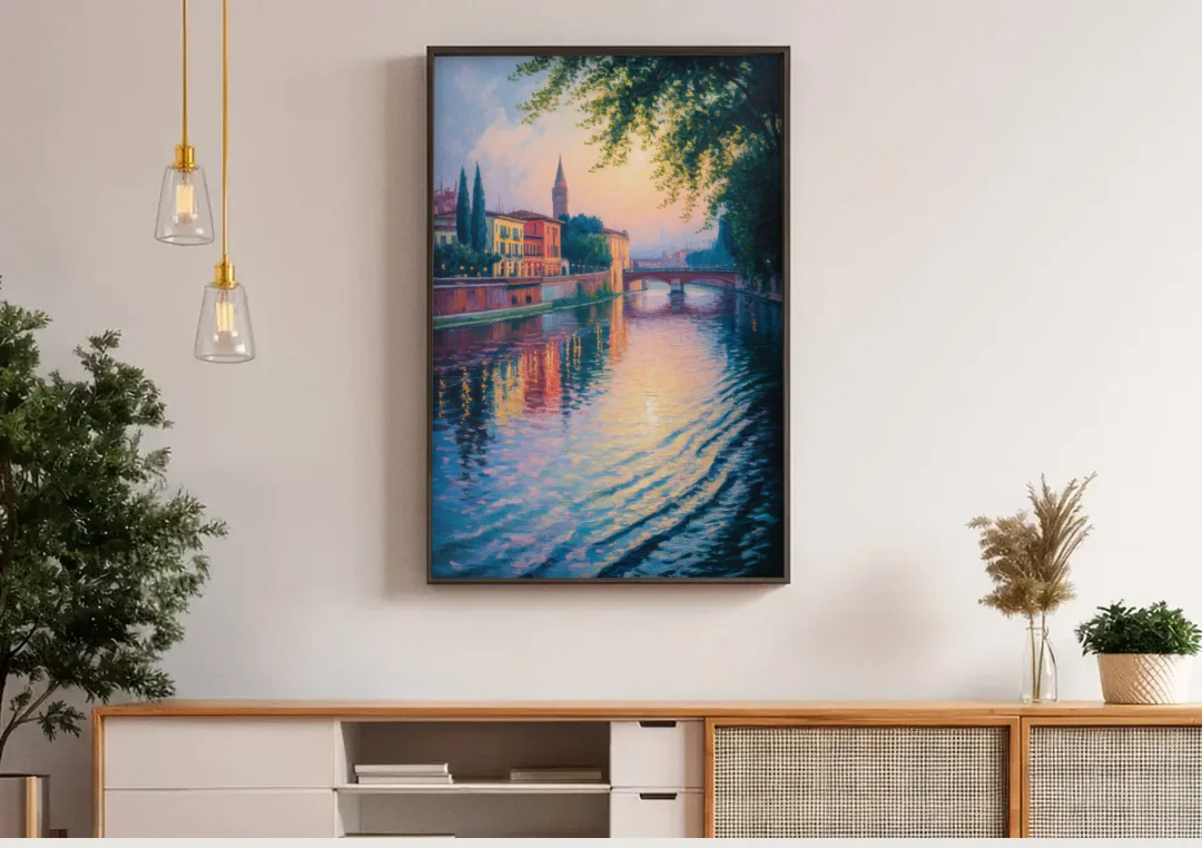 Adige River Reflections canvas wall art above a wooden sideboard under pendant lights