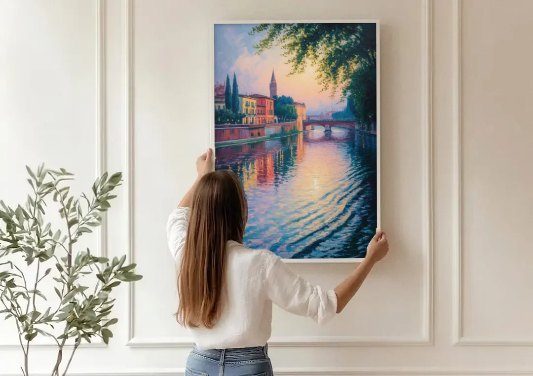 Adige River Reflections canvas wall art being hung on a paneled wall