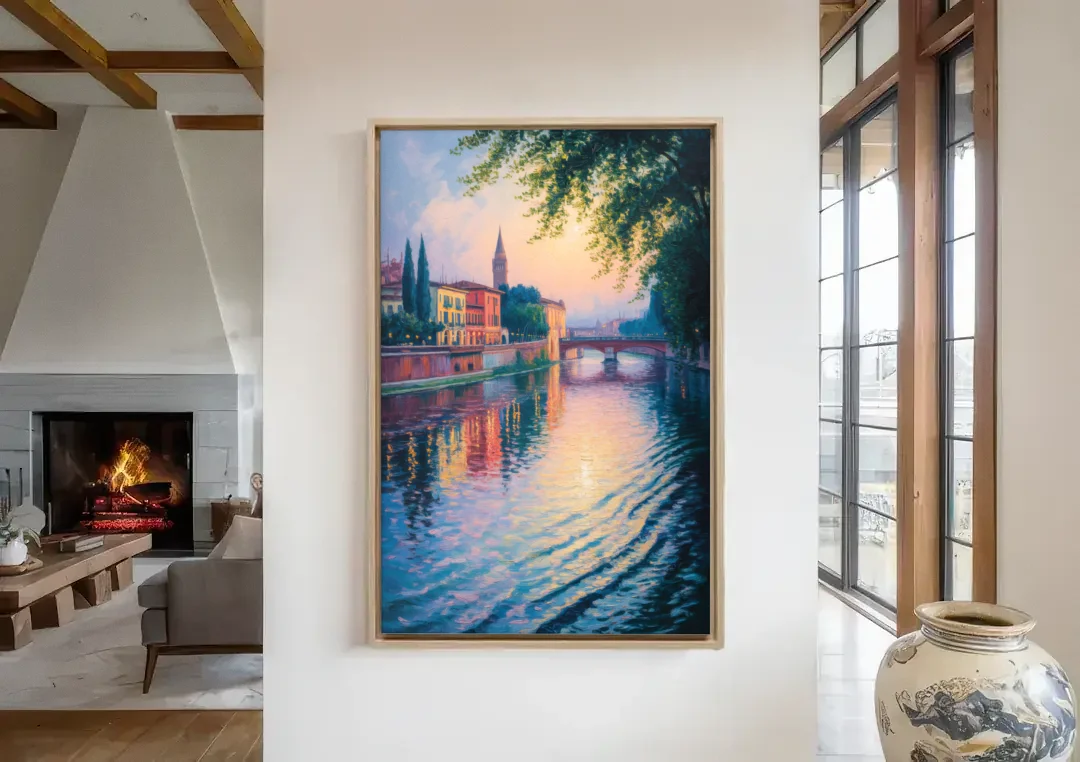 Adige River Reflections canvas wall art in a living room with a fireplace