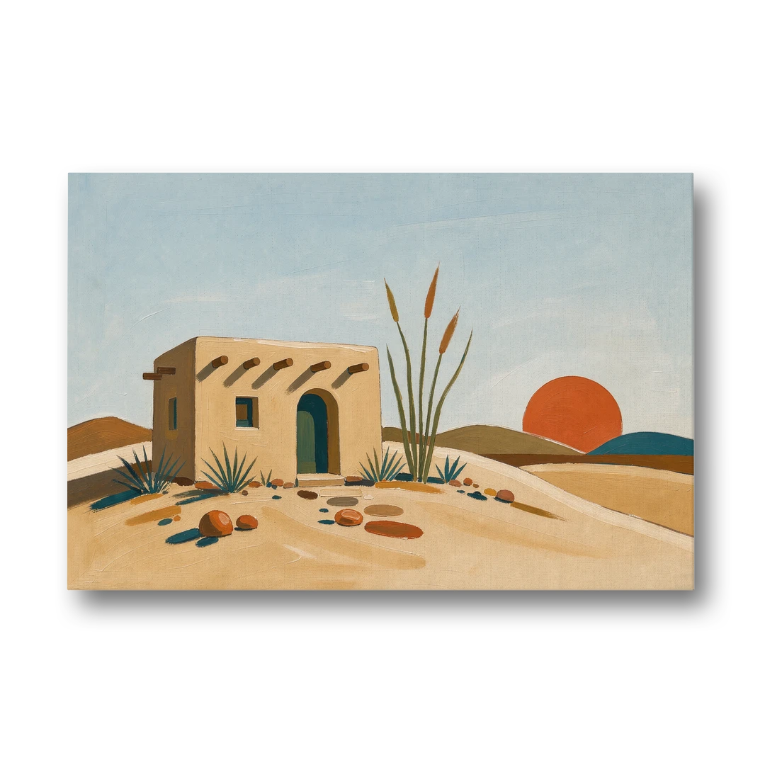 Adobe House Painting at Desert Sundown - Canvas Wall Art - Front