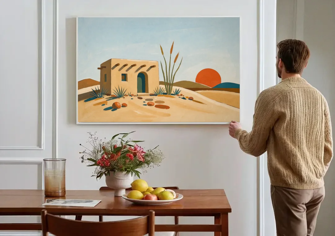 Adobe House Painting at Desert Sundown canvas wall art above a dining table