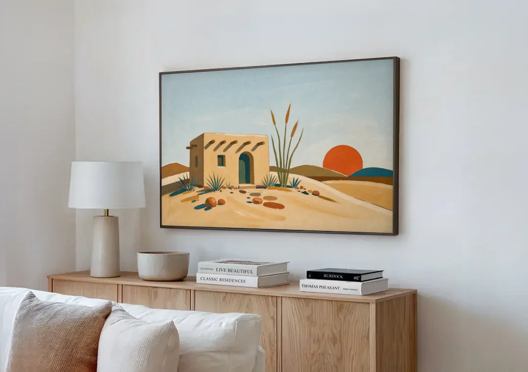 Adobe House Painting at Desert Sundown canvas wall art above a wooden sideboard next to a sofa