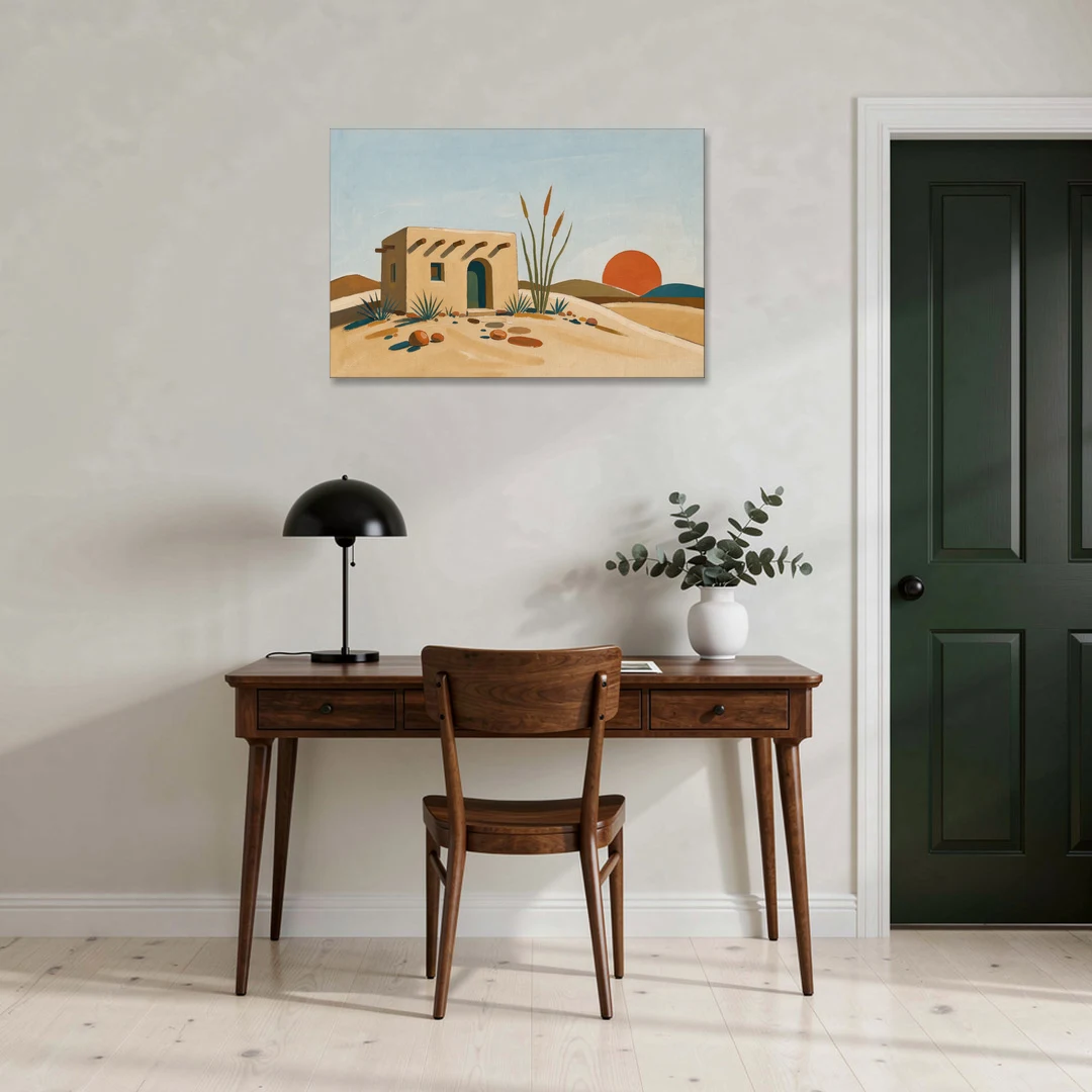 Adobe House Painting at Desert Sundown - Canvas Wall Art - Office - 36x24