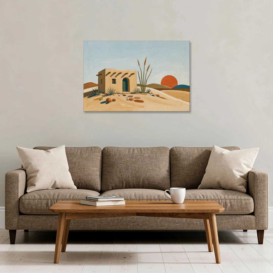 Adobe House Painting at Desert Sundown - Canvas Wall Art - Sofa - 36x24