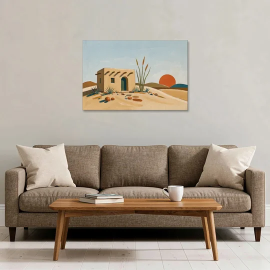 Adobe House Painting at Desert Sundown - Canvas Wall Art - Sofa - 36x24
