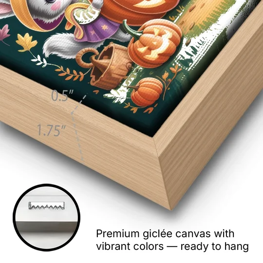 Adorable Animal TrickorTreat Cute Halloween - Oak Framed Canvas Wall Art - Gallery Wrap Corner