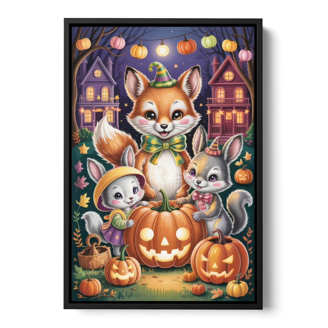 Adorable Animal TrickorTreat Cute Halloween - Black Framed Canvas Wall Art - Front