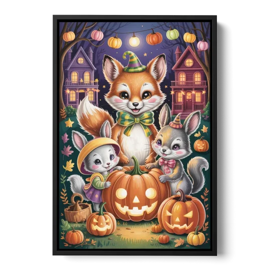 Adorable Animal TrickorTreat Cute Halloween - Black Framed Canvas Wall Art - Front