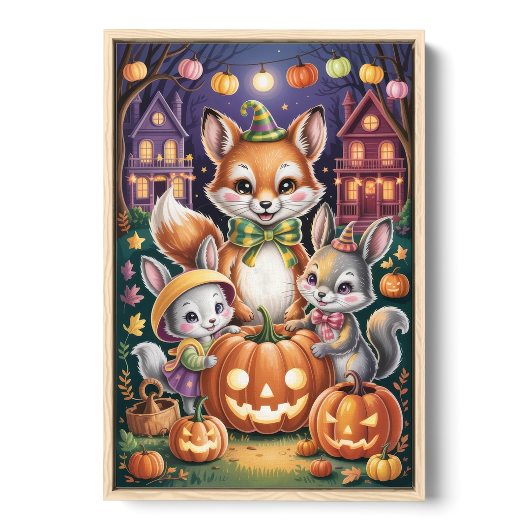 Adorable Animal TrickorTreat Cute Halloween - Oak Framed Canvas Wall Art - Front