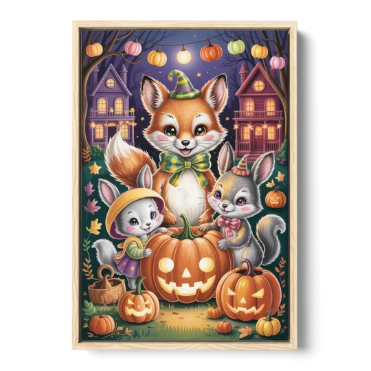 Adorable Animal TrickorTreat Cute Halloween - Oak Framed Canvas Wall Art - Front